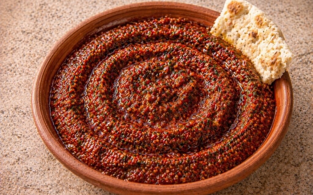 Red zhoug in a small white bowl showing deep brick-red colour with visible cilantro flecks and olive oil sheen on marble surface with pita bread beside it