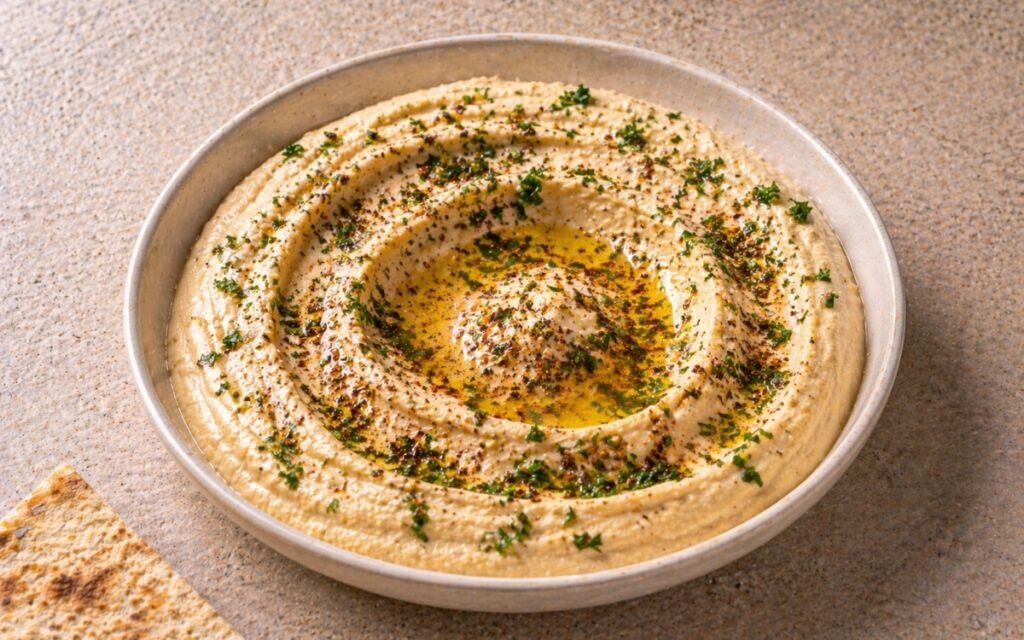 Roasted garlic hummus in a wide white bowl showing creamy golden-tinted surface with olive oil well, za'atar garnish, fresh parsley, and roasted garlic cloves beside it on marble surface