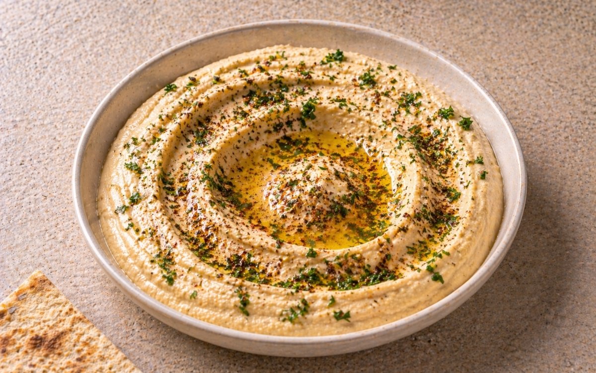 Roasted garlic hummus in a wide white bowl showing creamy golden-tinted surface with olive oil well, za'atar garnish, fresh parsley, and roasted garlic cloves beside it on marble surface