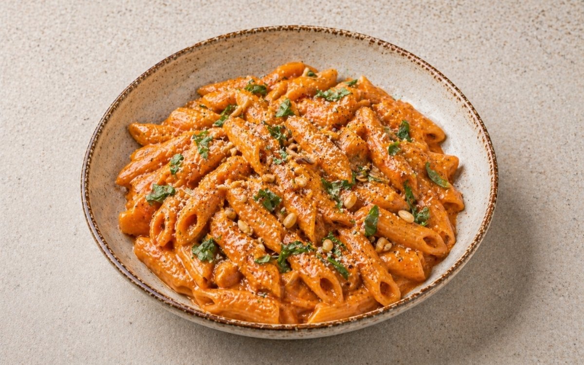 Roasted red pepper cream pasta in a wide shallow white bowl showing penne coated in vivid orange-red cream sauce with toasted pine nuts, torn basil, and Parmigiano on marble surface
