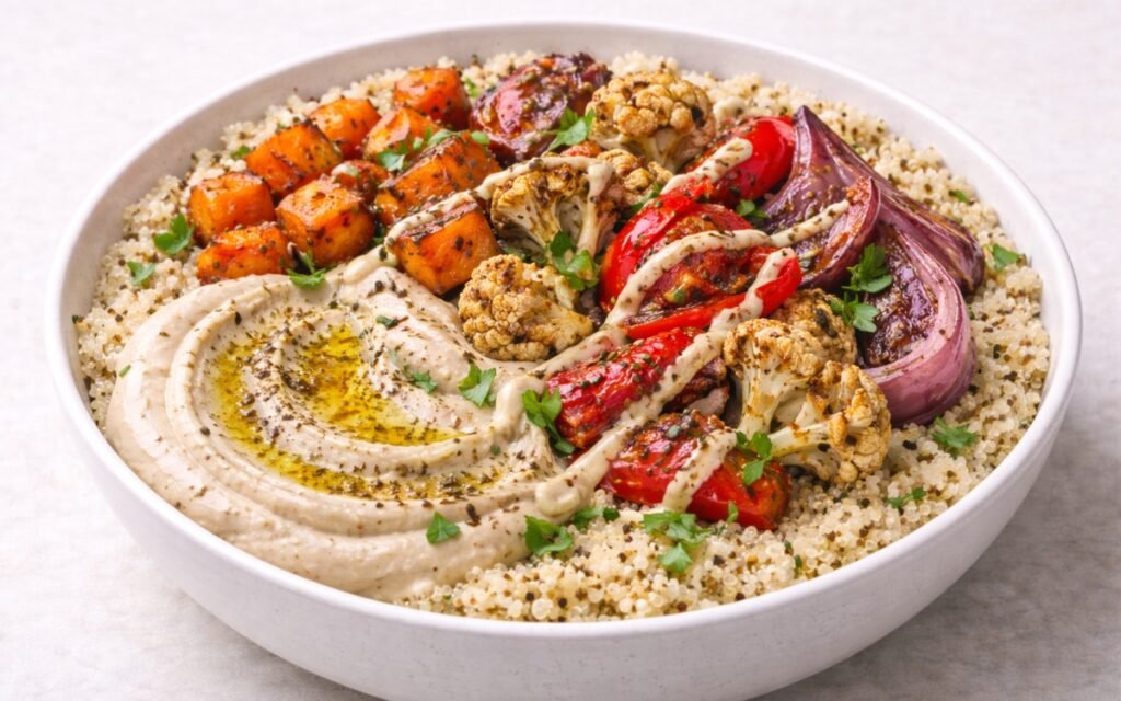 Roasted veggie and hummus bowl with za'atar spiced vegetables, creamy hummus, quinoa, and lemon-tahini drizzle garnished with fresh parsley