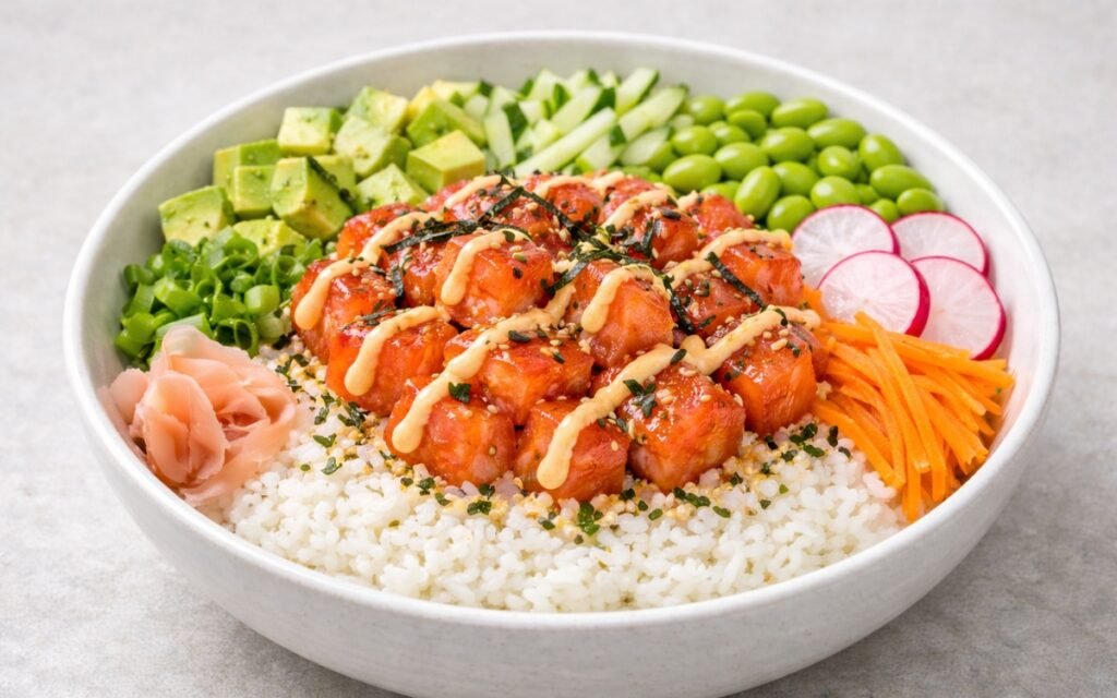 Colorful salmon poke bowl with fresh raw salmon, avocado, edamame, cucumber, and radishes over seasoned sushi rice drizzled with spicy mayo