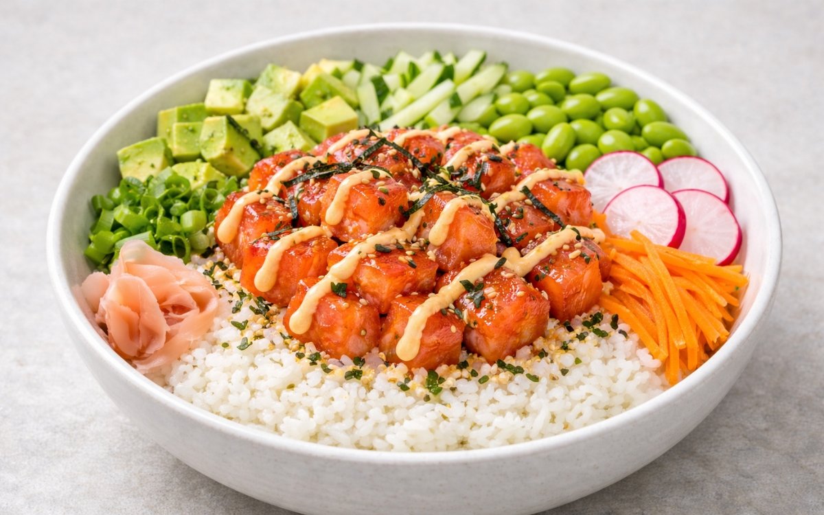 Colorful salmon poke bowl with fresh raw salmon, avocado, edamame, cucumber, and radishes over seasoned sushi rice drizzled with spicy mayo