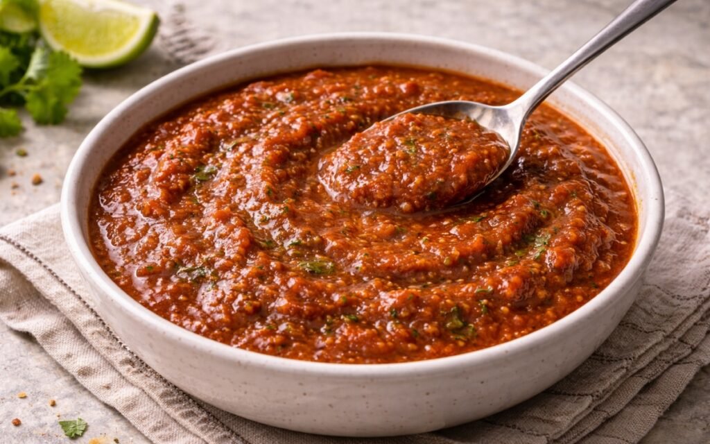 Salsa roja in a white bowl showing deep red-orange colour with visible herb flecks and a spoon resting in it on marble surface