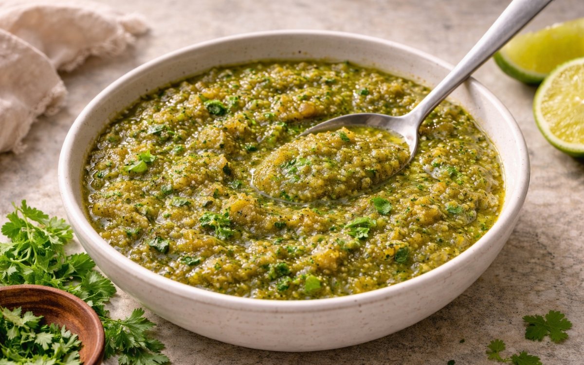 Mexican salsa verde in a white bowl showing slightly chunky green sauce with visible herb flecks and a spoon resting in it on marble surface