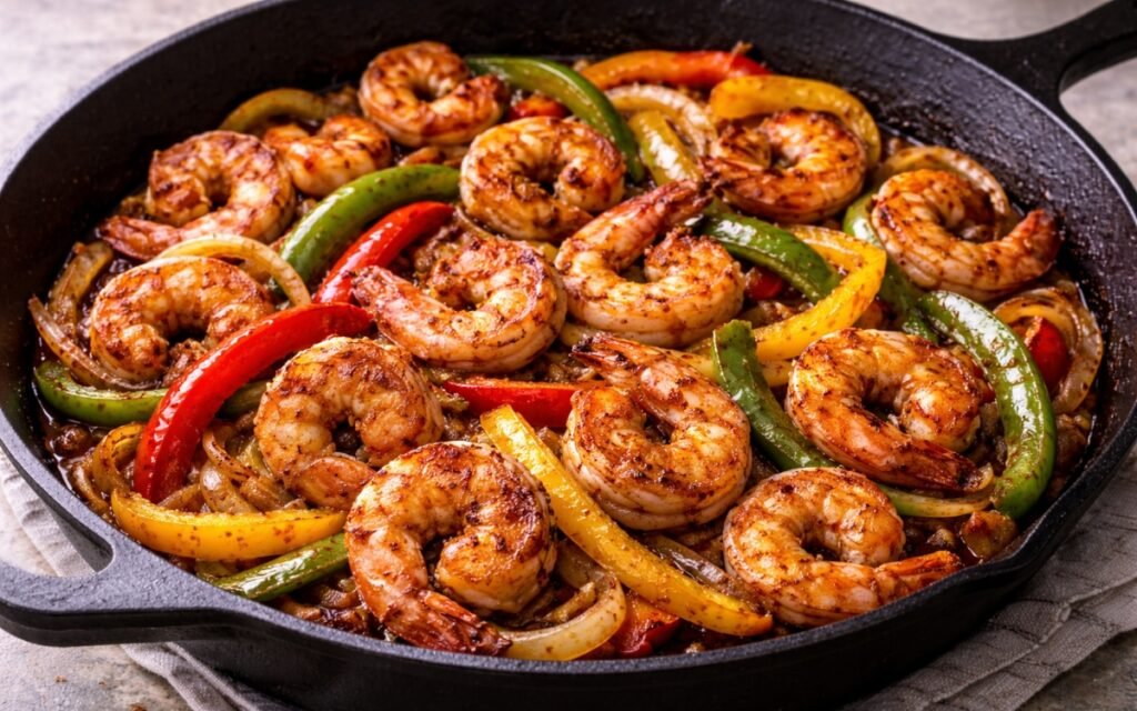 Shrimp fajita in a cast iron pan showing pink seared shrimp with charred tri-colour pepper strips and caramelised onions with lime wedge on marble surface