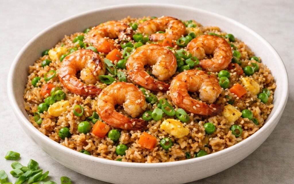 Shrimp fried rice bowl with plump shrimp, scrambled eggs, peas, and carrots garnished with scallions and sesame seeds