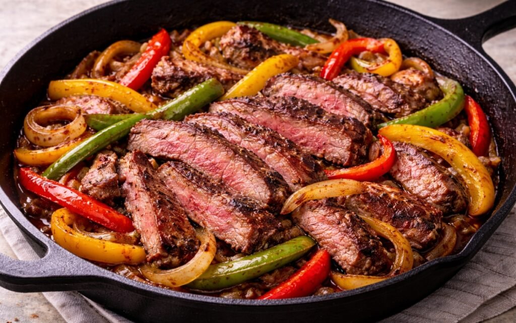 Skirt steak fajita on a wooden cutting board showing sliced medium-rare steak against the grain with charred tri-colour peppers and onions and lime wedge on marble surface