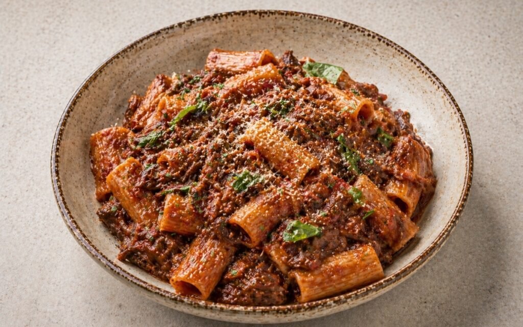 Slow-simmered beef ragù pasta in a wide white bowl showing rigatoni coated in deep, rich brown ragù with shredded beef pieces, Parmigiano Reggiano, and fresh basil on marble surface