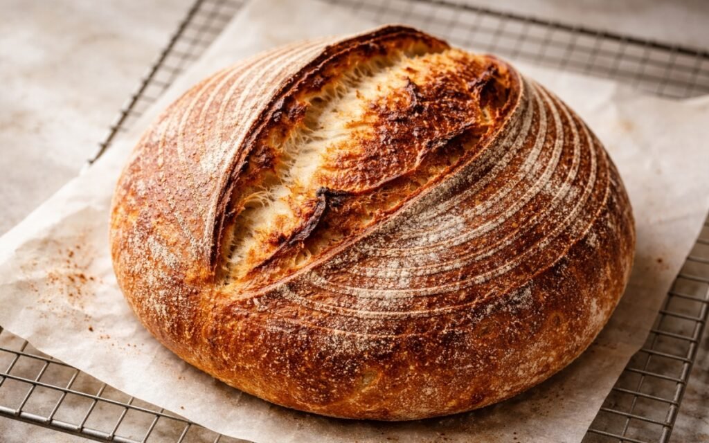 Classic sourdough bread loaf on a wire rack showing deep golden scored crust with open crack along score line and flour dusting on marble surface