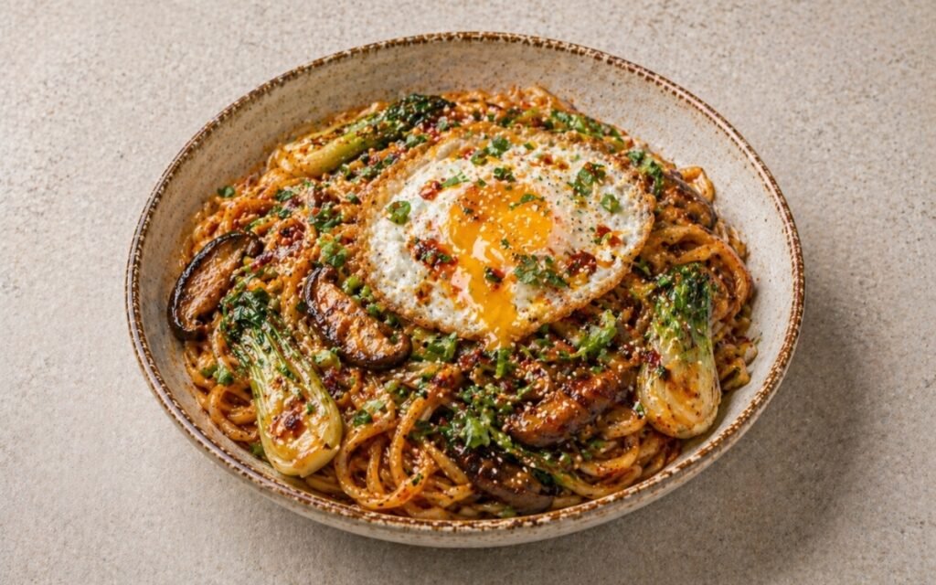 Spicy chili garlic oil noodles in a wide bowl showing wheat noodles coated in deep red chili oil with shiitake mushrooms, bok choy, a crispy-edged fried egg, sesame seeds, and fresh cilantro on marble surface