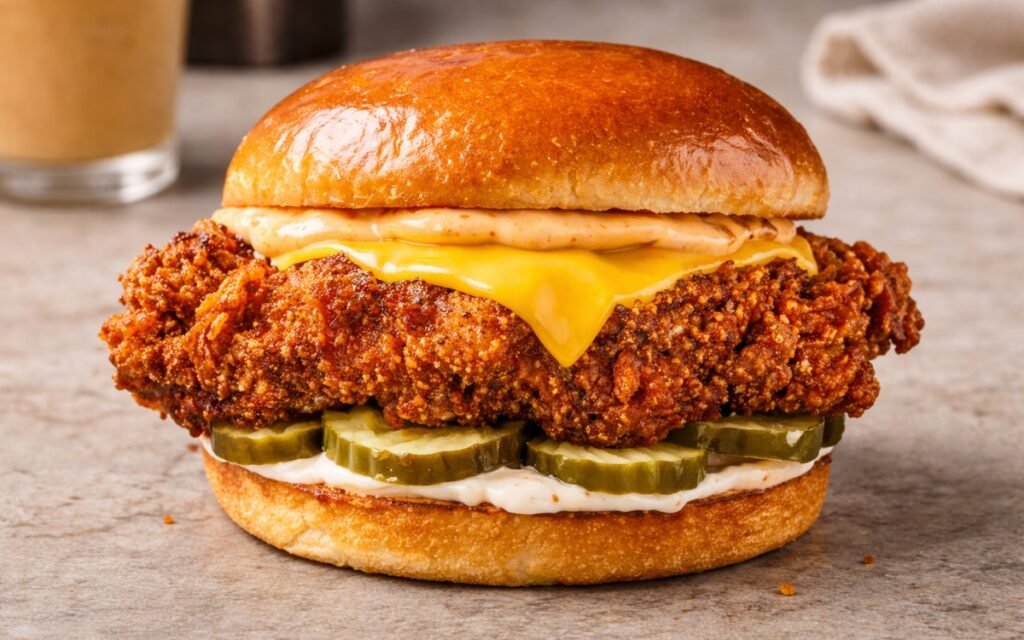 crispy spicy fried chicken sandwich with melted cheese and pickles on brioche bun