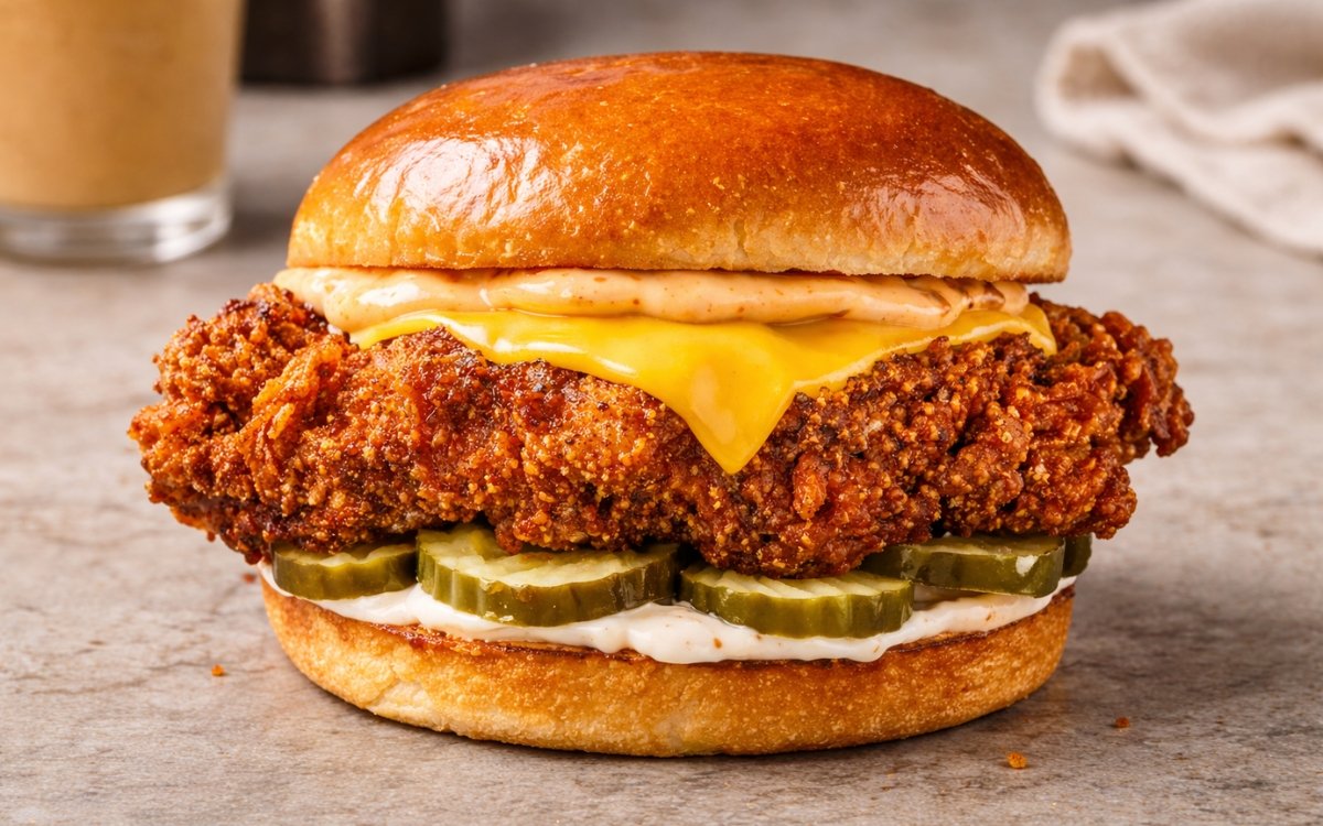 crispy spicy fried chicken sandwich with melted cheese and pickles on brioche bun