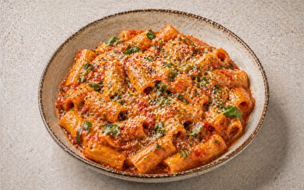 Spicy Italian 'nduja pasta in a wide shallow white bowl showing rigatoni coated in deep red 'nduja tomato cream sauce with torn basil, extra Pecorino Romano, and olive oil drizzle on marble surface