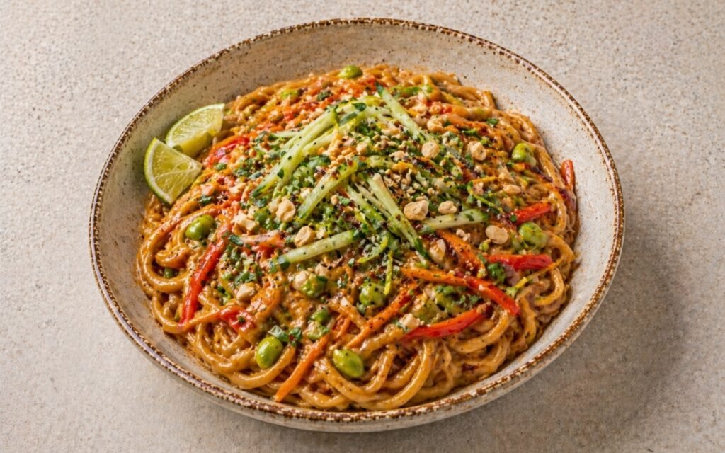 Spicy peanut butter noodles in a wide bowl showing thick udon noodles coated in deep brown peanut sauce with julienned vegetables, cucumber, chopped peanuts, black sesame seeds, cilantro, and lime wedge on marble surface
