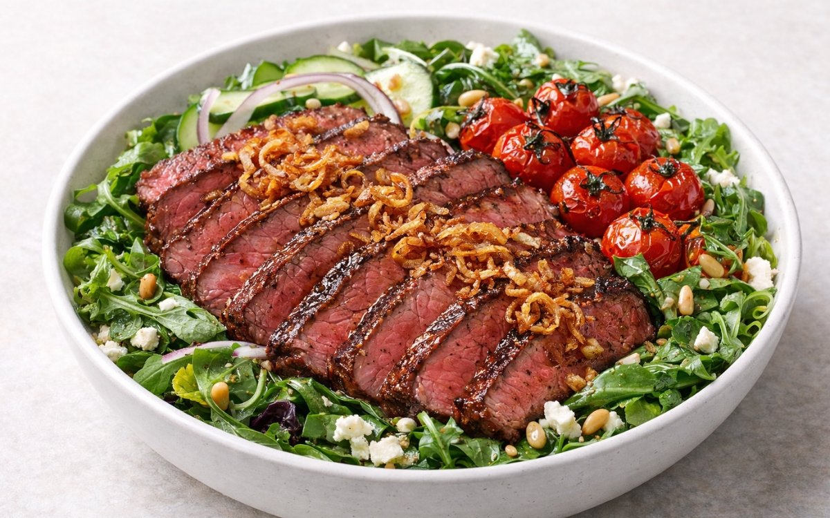 Steak salad bowl with sliced sirloin, mixed greens, roasted cherry tomatoes, feta cheese, and garlic vinaigrette in a white bowl