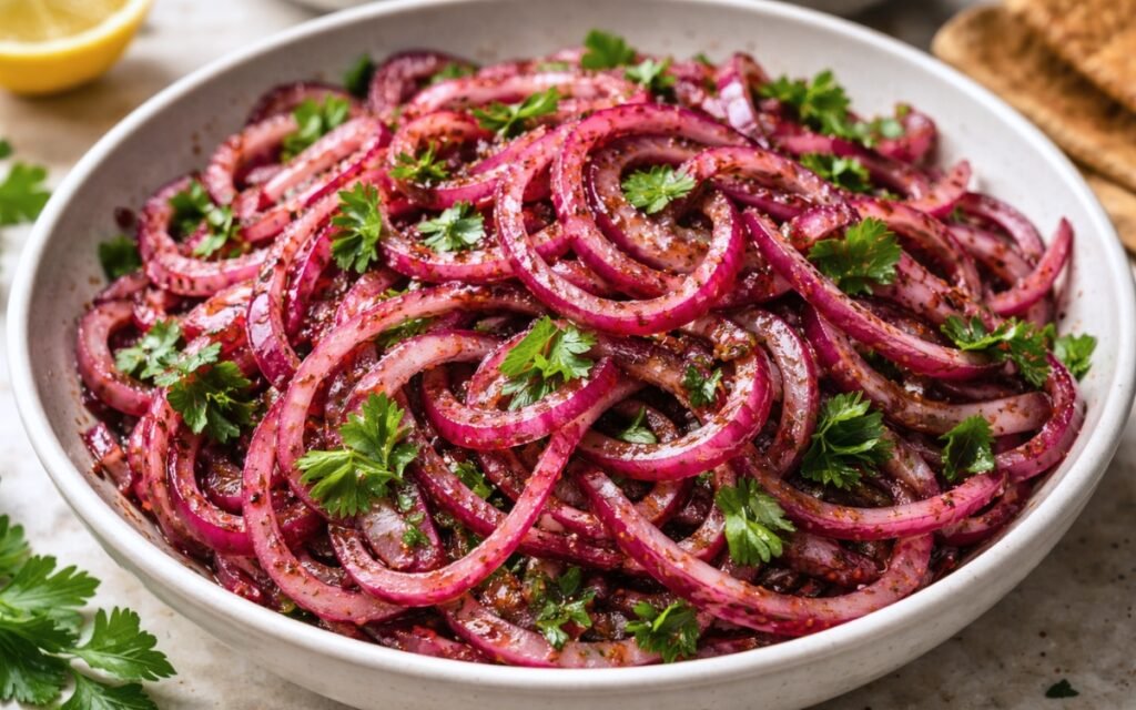 Sumac onions salad in a white bowl showing deep red-purple coated thin onion rings with fresh parsley and visible sumac coating on marble surface