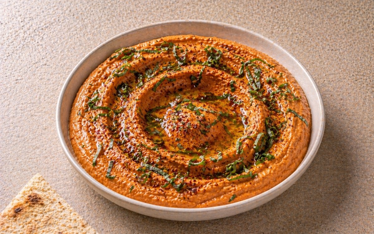 Sun-dried tomato and basil hummus in a wide white bowl showing deep red-orange colour with olive oil drizzle, basil chiffonade garnish, and sumac on marble surface