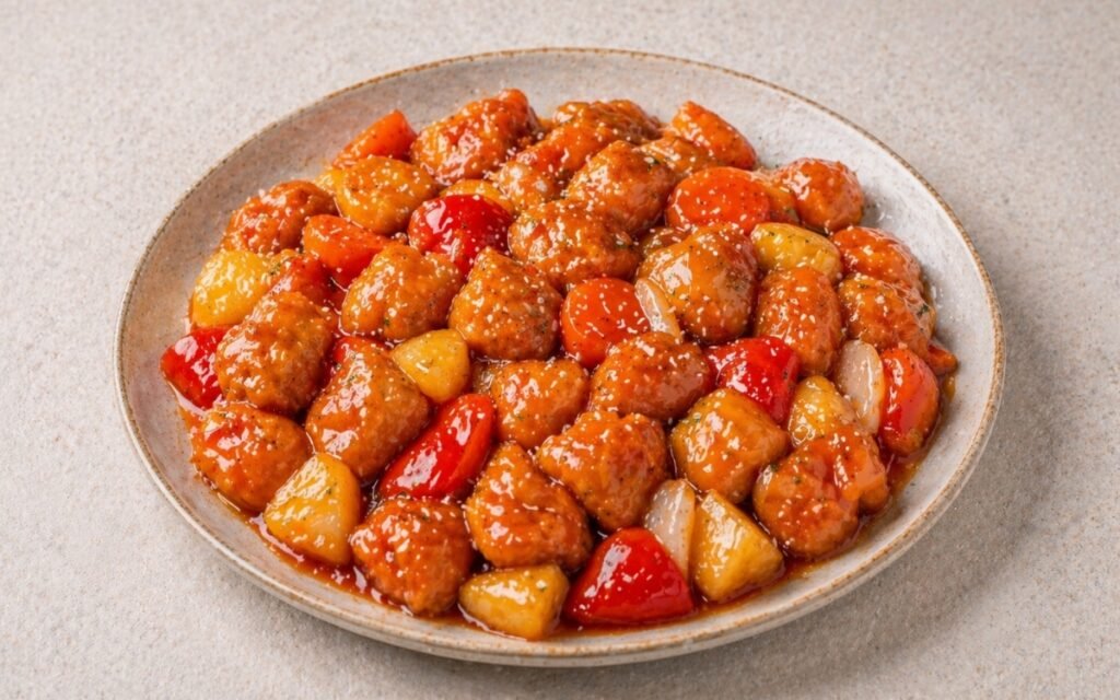 Sweet and sour chicken in a wok showing glossy orange-red sauce coating golden battered chicken pieces with pineapple, red bell pepper, and sesame seeds