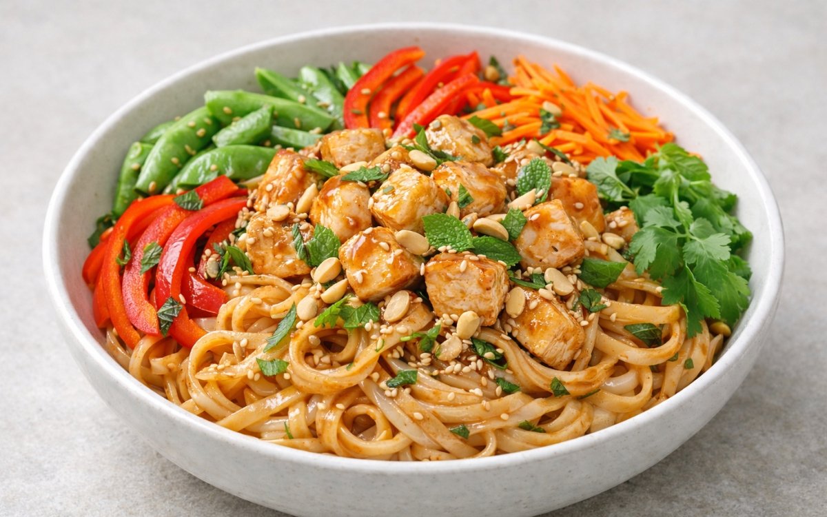 Thai peanut chicken noodle bowl with rice noodles, tender chicken, colorful vegetables, and creamy peanut sauce garnished with peanuts, cilantro, mint, and lime wedges
