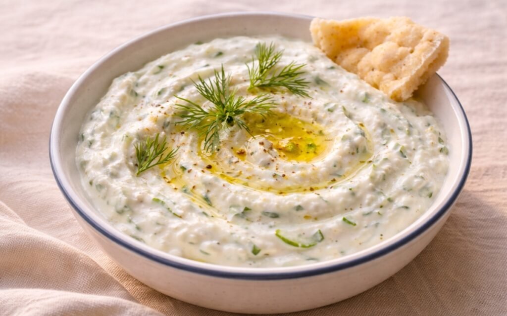 Tzatziki in a white shallow bowl with olive oil drizzle, fresh dill sprig, and cucumber slices on linen table cloth