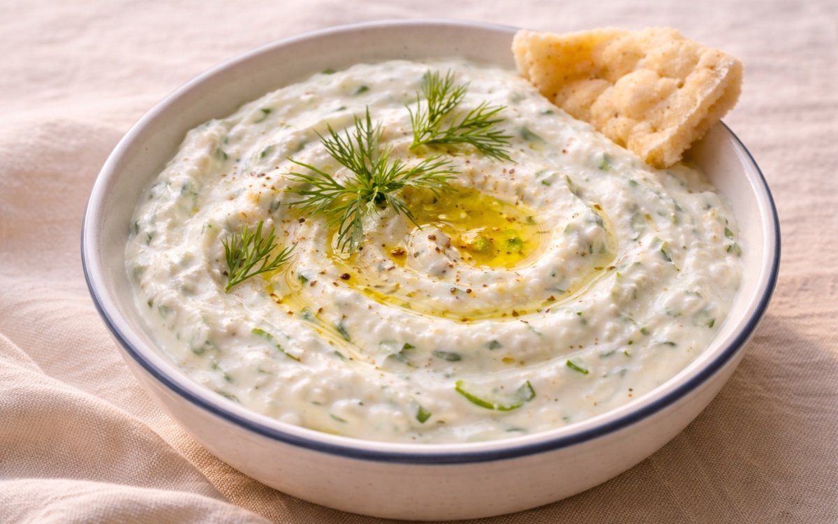 Tzatziki in a white shallow bowl with olive oil drizzle, fresh dill sprig, and cucumber slices on linen table cloth