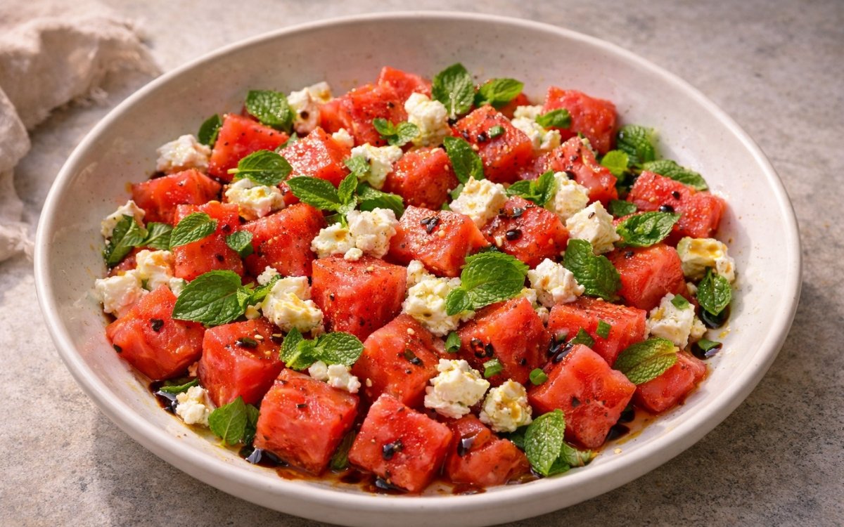 Watermelon feta salad in a large white bowl showing deep red watermelon cubes, crumbled white feta, fresh mint leaves, and balsamic drizzle on marble surface
