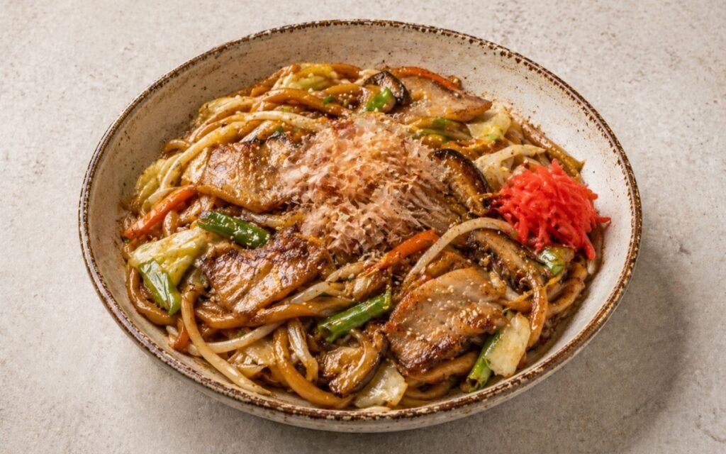Yaki udon stir-fry in a wide bowl showing thick chewy udon noodles with pork belly, shiitake mushrooms, and vegetables in glossy soy-mirin sauce, topped with bonito flakes, sesame seeds, and pickled red ginger on marble surface
