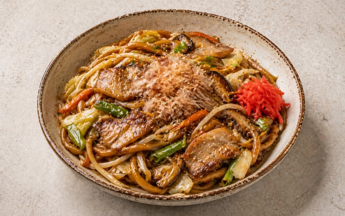 Yaki udon stir-fry in a wide bowl showing thick chewy udon noodles with pork belly, shiitake mushrooms, and vegetables in glossy soy-mirin sauce, topped with bonito flakes, sesame seeds, and pickled red ginger on marble surface