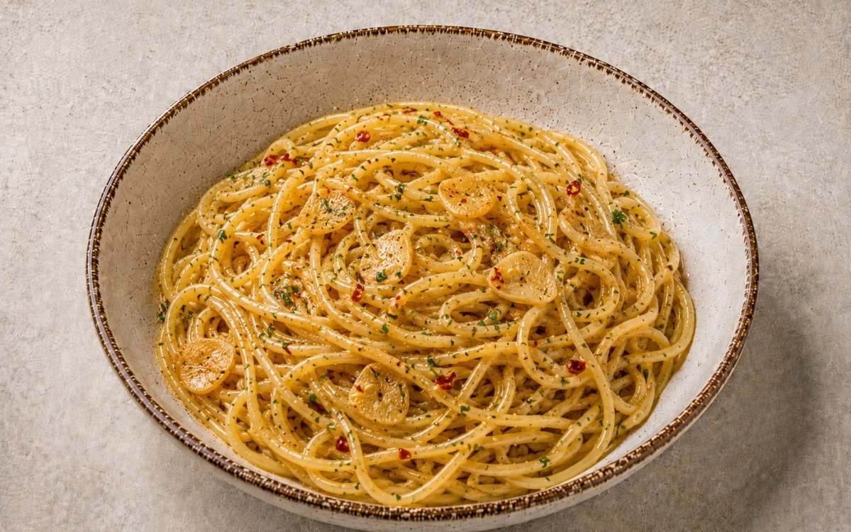Aglio e olio pasta with glossy olive oil-coated spaghetti, golden garlic slices, red pepper flakes and fresh parsley in a wide white bowl