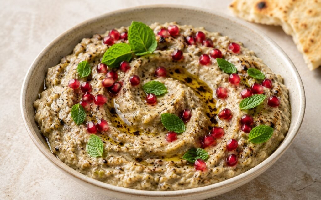 Baba ganoush in a shallow bowl showing a creamy, slightly coarse smoky eggplant spread with a well of olive oil in the centre, pomegranate seeds, fresh mint leaves, and a dusting of cumin on marble surface