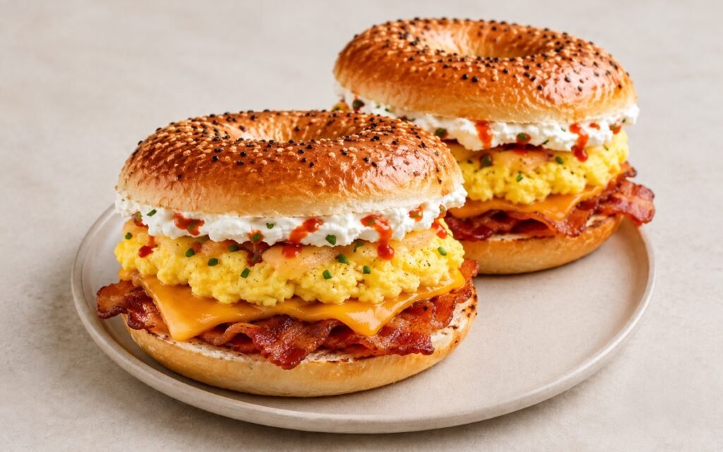Bacon egg and cheese bagel on marble surface showing toasted bagel loaded with crispy bacon, melted cheese, a golden structured egg, cream cheese, sriracha drizzle, and chopped chives