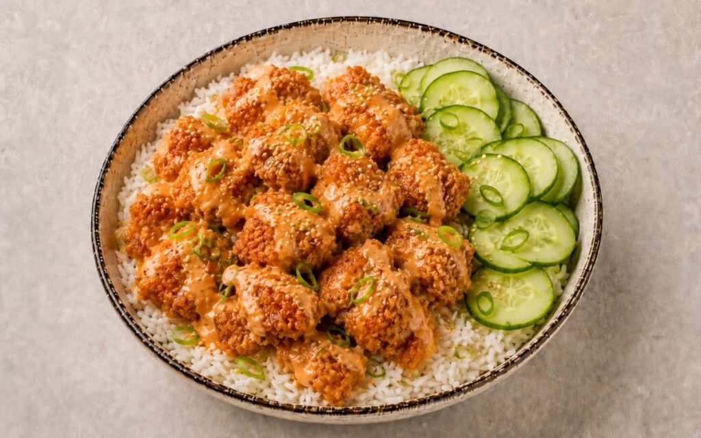 Bang bang chicken bowl in a wide shallow bowl showing golden panko-crusted chicken coated in pale orange bang bang sauce over jasmine rice with sliced cucumber, scallions, and sesame seeds
