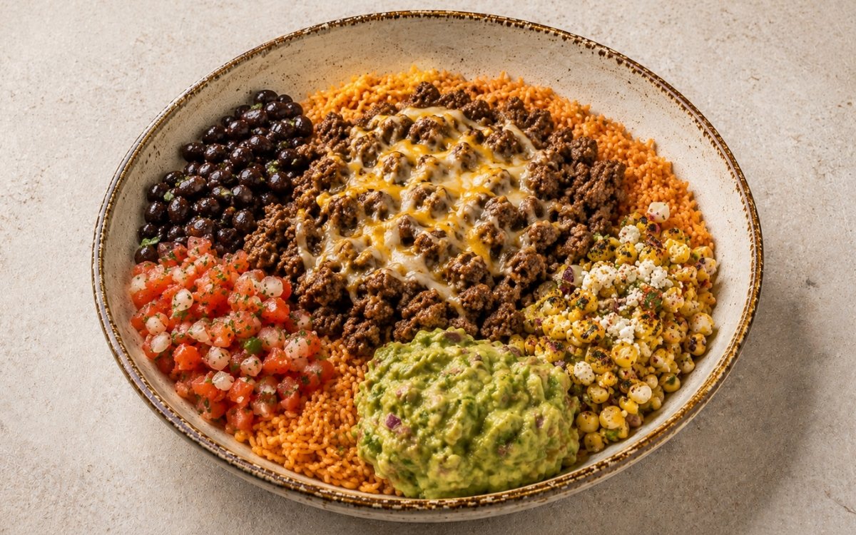 Overhead view of beef burrito rice bowl showing all components in distinct sections — caramelised ground beef, Mexican rice, black beans, pico, corn salad, guacamole, and cheese blend