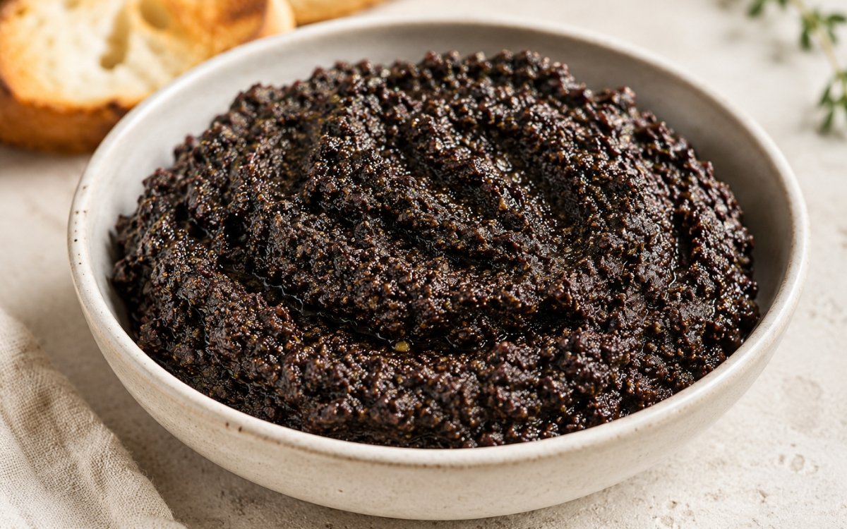 Black olive tapenade in a small bowl showing the coarse, deeply coloured, glossy spread with visible thyme and lemon zest throughout, finished with an olive oil drizzle on marble surface
