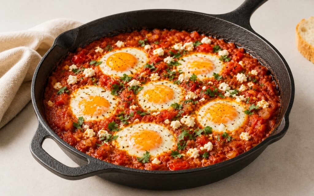 Easy breakfast shakshuka in a cast iron skillet showing six gently baked eggs nested in a rich spiced tomato sauce with crumbled feta, fresh cilantro, and visible cumin and paprika colour
