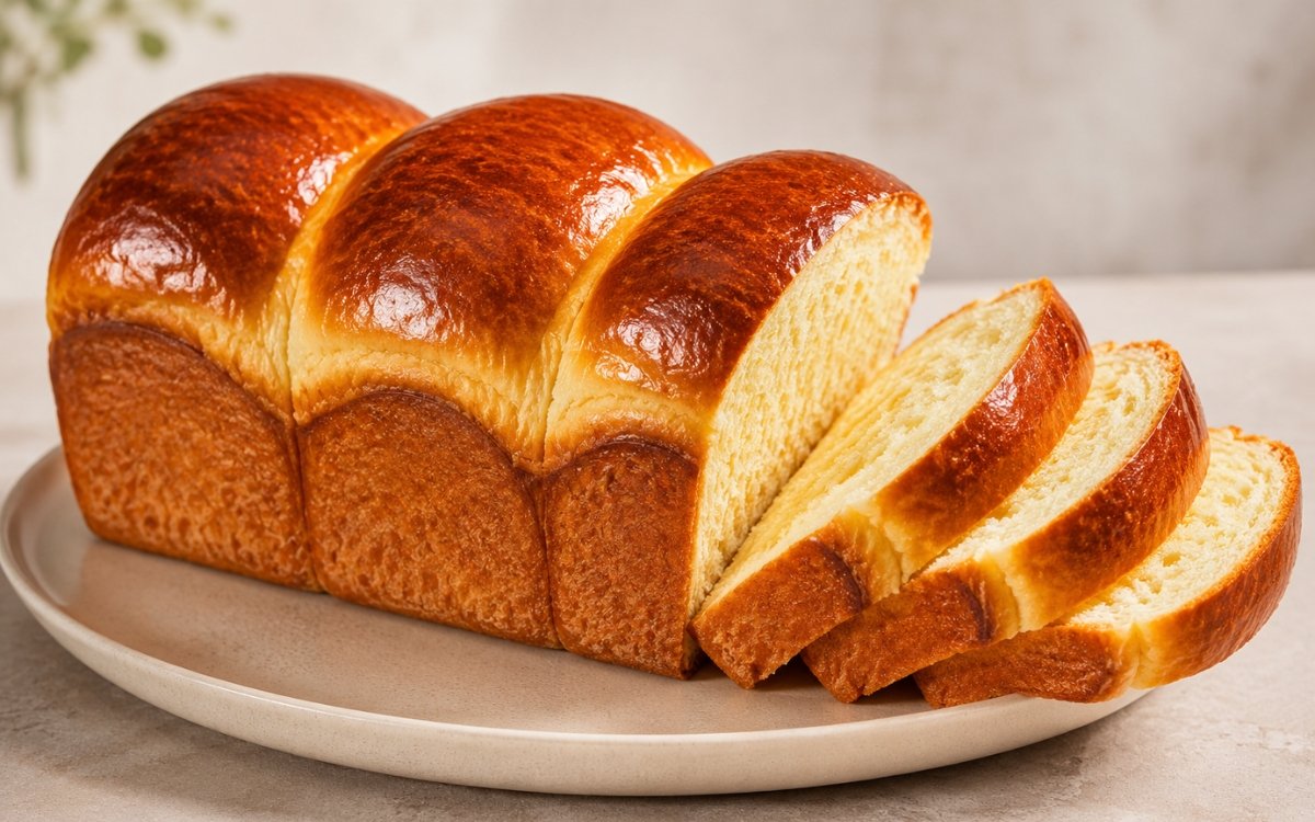 Brioche toast bread on a marble surface showing a golden, glossy egg-washed loaf with three distinct crowns sliced to reveal the soft, open, golden-yellow crumb with visible buttery layers
