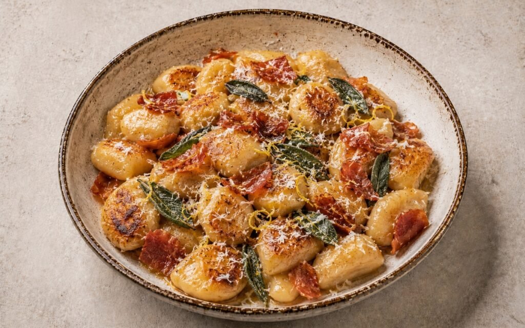 Brown butter sage gnocchi with crispy prosciutto in a wide white bowl showing golden-edged gnocchi in glossy brown butter sauce with crispy sage leaves, crumbled prosciutto, Parmigiano, and toasted hazelnuts on marble surface