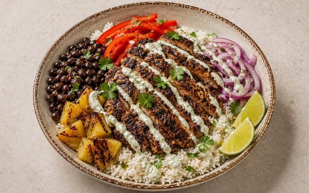 Caribbean jerk chicken rice bowl in a wide shallow bowl showing deeply charred jerk chicken strips over coconut rice with charred pineapple, black beans, red bell pepper, red onion, lime-cilantro crema, and fresh cilantro
