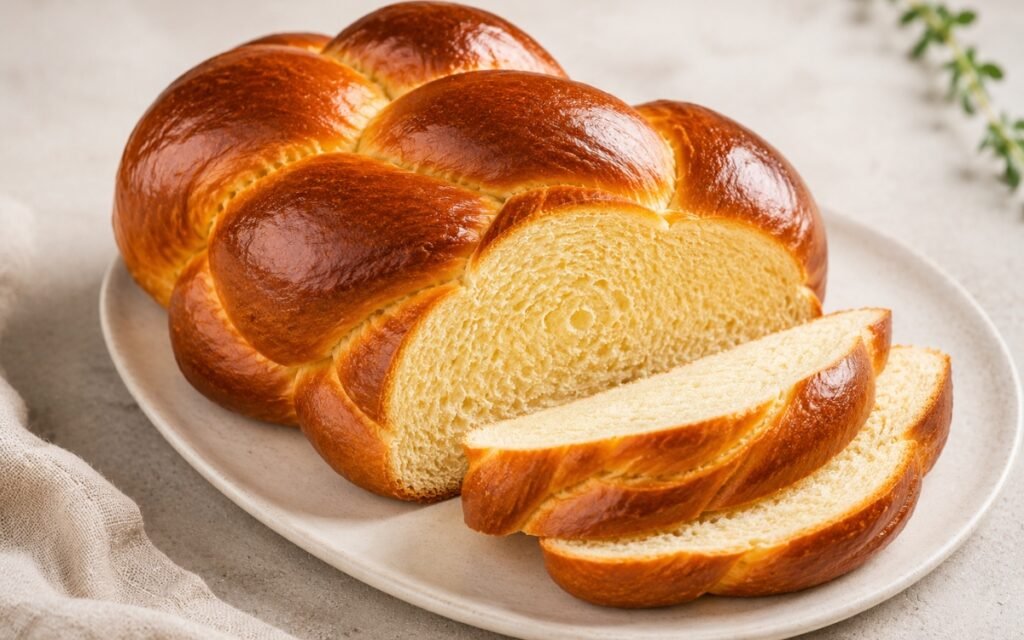 Challah bread on a marble surface showing a deeply golden, glossy braided loaf with clearly defined three-strand braid and sesame seeds scattered across the surface, sliced to reveal a soft golden-yellow slightly chewy crumb