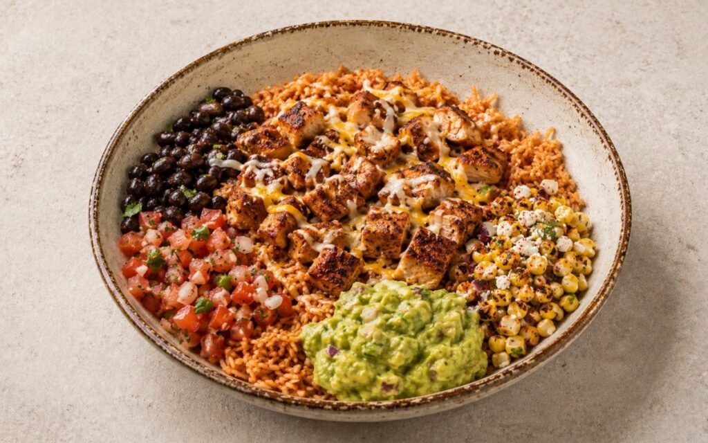 Chicken burrito rice bowl in a wide shallow bowl showing sliced spiced chicken over Mexican rice with spiced black beans, pico de gallo, charred corn salad, guacamole, and melted Mexican cheese blend