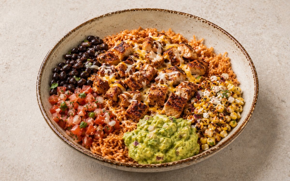 Chicken burrito rice bowl in a wide shallow bowl showing sliced spiced chicken over Mexican rice with spiced black beans, pico de gallo, charred corn salad, guacamole, and melted Mexican cheese blend
