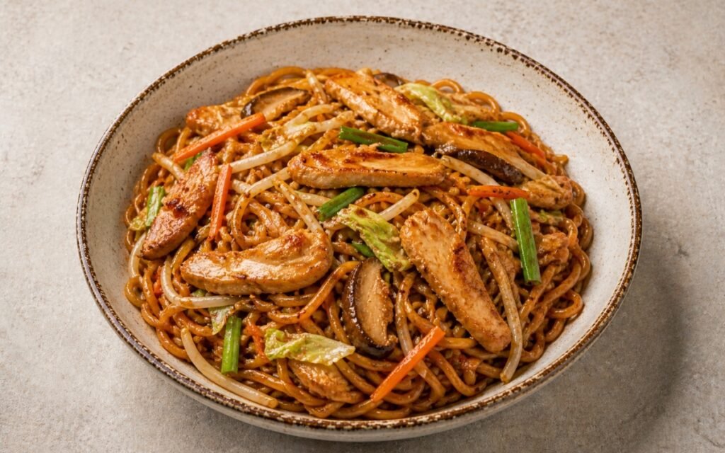 Chicken chow mein in a wide bowl showing glossy dark brown sauce coating thin egg noodles with seared chicken strips, shiitake mushrooms, napa cabbage, bean sprouts, and scallions on marble surface