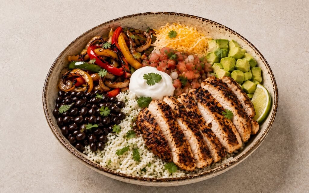 Colorful chicken fajita rice bowl with charred peppers, black beans, avocado, and sour cream over cilantro-lime rice