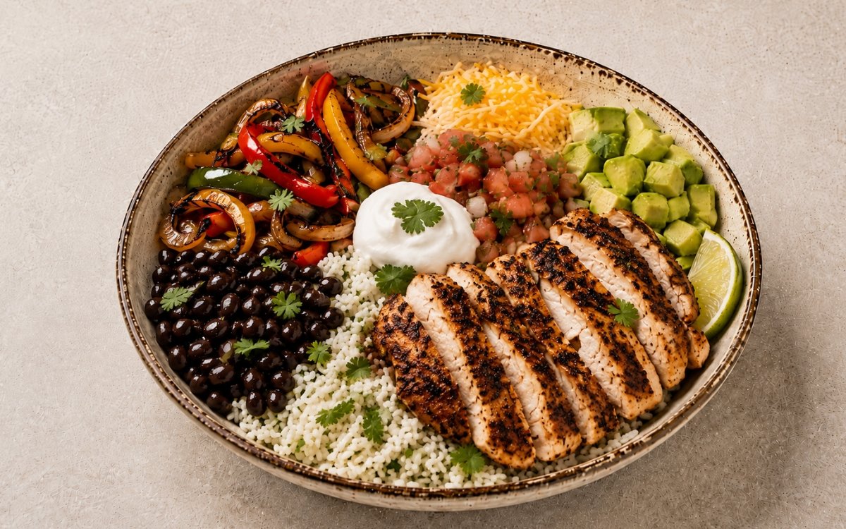 Colorful chicken fajita rice bowl with charred peppers, black beans, avocado, and sour cream over cilantro-lime rice