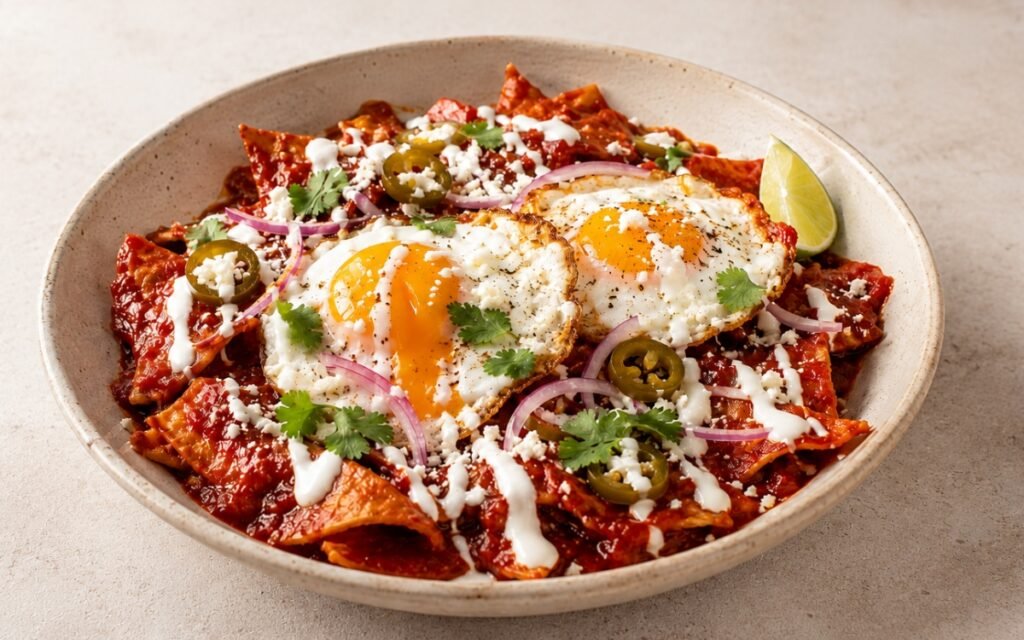 Chilaquiles rojos with fried eggs in a wide shallow bowl showing red salsa-coated tortilla chips topped with a lard-fried egg with crisped white edges, Mexican crema drizzle, crumbled cotija, pickled jalapeños, red onion, and fresh cilantro on marble surface