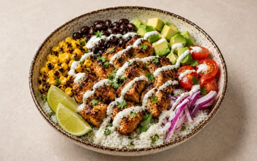 Chili lime chicken rice bowl in a wide shallow bowl showing spiced golden chicken over cilantro-lime rice with charred corn, black beans, diced avocado, cherry tomatoes, red onion, chili-lime crema, and fresh cilantro on marble surface