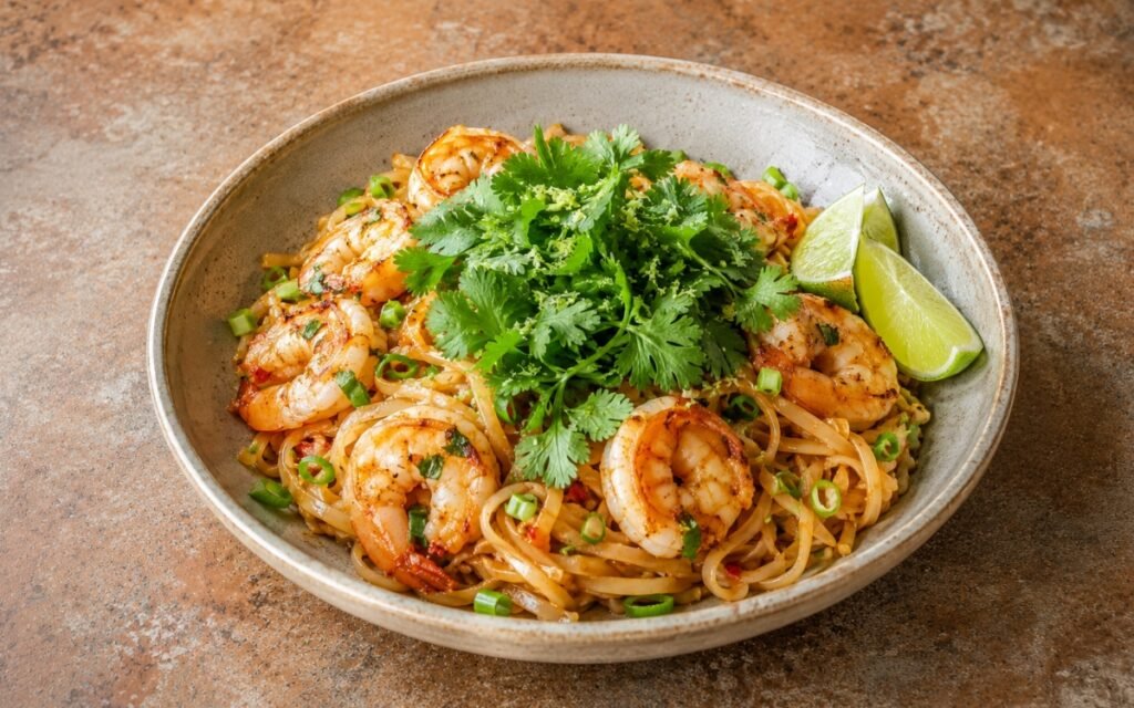 Chili lime noodles with shrimp in a wide shallow bowl showing glossy sauce-coated rice noodles with pink shrimp, generous fresh cilantro, sliced scallions, and lime wedges on marble surface