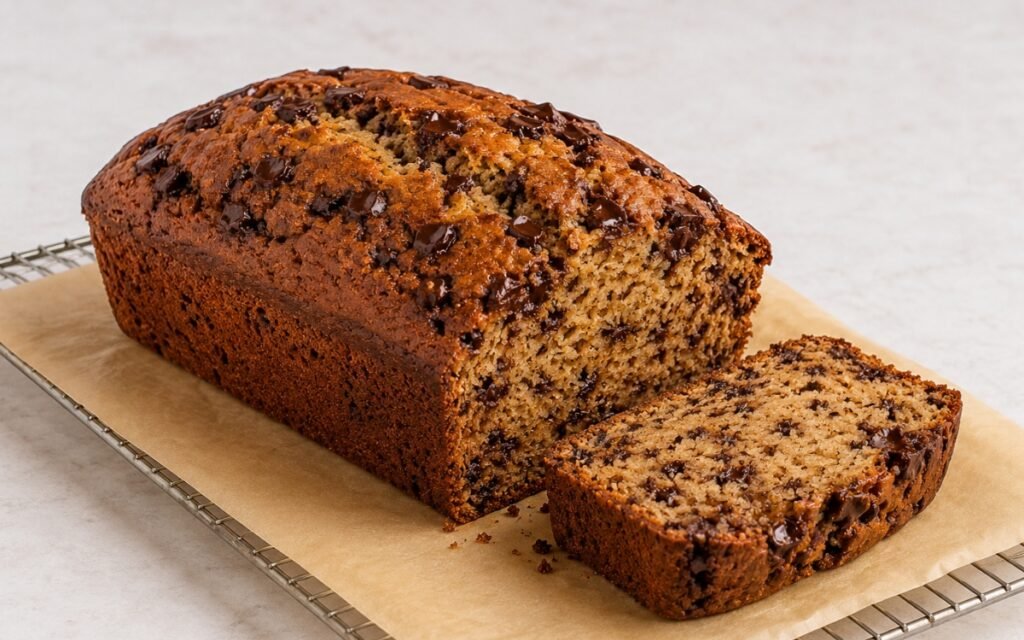 Chocolate chip banana bread on a marble surface showing a thick-sliced loaf with visible mini chocolate chips throughout the moist crumb and a top surface of melted dark chocolate chunks with golden-brown edges