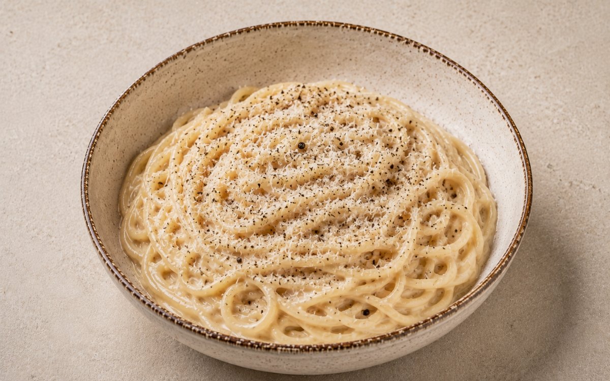 Classic cacio e pepe pasta with silky Pecorino-coated tonnarelli, cracked black pepper and grated Pecorino Romano in a wide white bowl